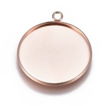 Ion Plating(IP) 304 Stainless Steel Pendant Cabochon Settings, Plain Edge Bezel Cups, Flat Round, Rose Gold, Tray: 25mm, 30.5x26.5x2mm, Hole: 2.2mm