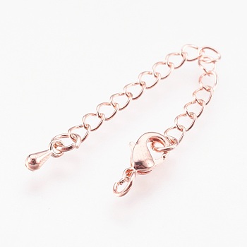 Brass Chain Extender, with 304 Stainless Steel Lobster Claw Clasps, Cadmium Free & Lead Free, Long-Lasting Plated, teardrop, Rose Gold, 68~73x3mm, Hole: 2.5mm, Clasps: 10x6x3mm