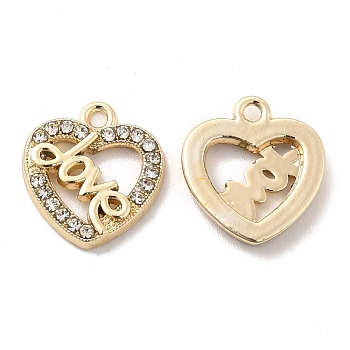 UV Plating Alloy Pendants, with Crystal Rhinestone, Heart with Word Love Charms, Golden, 14.5x13.5x2mm, Hole: 1.5mm