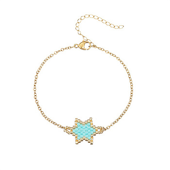 Glass Seed Beaded Star Link Bracelet with Golden Stainless Steel Cable Chains, Aquamarine, 7-7/8 inch(20cm)
