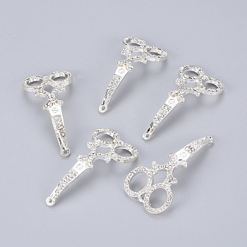 Alloy Rhinestone Links connectors, Grade A, Scissors, Silver Color Plated, 46x22.5x3mm, Hole: 2mm