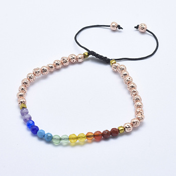 Electroplated Natural Lava Rock Braided Bead Bracelets, with Mixed Gemstone and Nylon Cord, Faceted, Rose Gold, 2-1/8 inch(5.5cm)~3-1/4 inch(8.3cm)