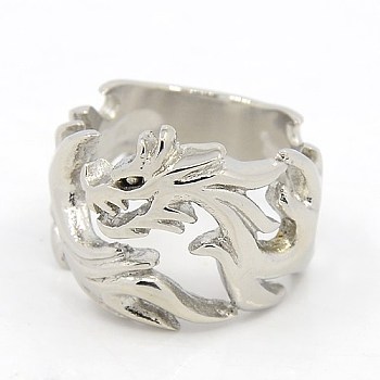 Personalized Retro Men's 304 Stainless Steel Rings, Hollow Dragon, Stainless Steel Color, 16~24mm