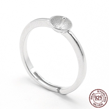 Rhodium Plated 925 Sterling Silver Finger Ring Components, For Half Drilled Beads, Flat Round, Platinum, Tray: 5mm, 16.5mm, Pin: 0.7mm