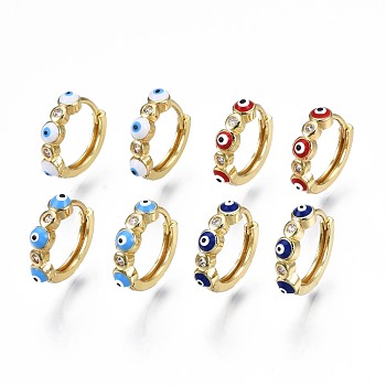 Clear Cubic Zirconia Evil Eye Huggie Hoop Earrings with Enamel, Brass Jewelry for Girl Women, Real 18K Gold Plated, Nickel Free, Mixed Color, 15x17x4mm, Pin: 1mm