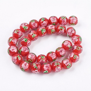 Handmade Lampwork Beads Strands, Inner Flower, Round, Red, 11~12x12~12.5mm, Hole: 1.5~2mm