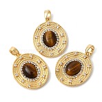 Natural Tiger Eye Pendants, Oval Charms with Brass Micro Pave Clear Cubic Zirconia Settings, Real 18K Gold Plated, 22.5~23x18.5x4~4.5mm, Hole: 3x4.7mm(KK-Z149-12G-01)