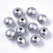 Spray Painted Natural Wood Beads, Round, Silver, 12x11mm, Hole: 3.5mm(X-WOOD-TAC0005-05B-01)