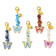 Alloy Enamel Butterfly Pendant Decorations, Natural & Synthetic Mixed Stone Chip Beads and Lobster Claw Clasps Charms, Golden, 64mm, 5pcs/set(HJEW-JM01555-S)