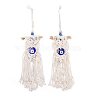 Cotton and Linen Cord Macrame Woven Tassel Wall Hanging, Glass Evil Eye Hanging Ornament with Wood Sticks, for Home Decoration, Antique White, 300x120mm(EVIL-PW0002-10B)
