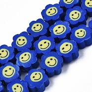 Handmade Polymer Clay Bead Strands, Flower with Smile, Dark Blue, 8~10x8~10x4~5mm, Hole: 1.2~1.6mm, about 38~40pcs/strand, 12.99 inch~15.94 inch(33~40.5cm)(CLAY-N006-73A)