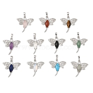 Rack Plating Brass Pendants, with Natural & Synthetic Mixed Gemstone, Dragonfly Charms, Platinum, Mixed Dyed and Undyed, 30x30.5x6mm, Hole: 8x5mm(G-Z033-09P)