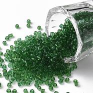Glass Seed Beads, Transparent, Round, Green, 12/0, 2mm, Hole: 1mm, about 30000 beads/pound(SEED-A004-2mm-7)