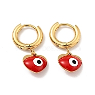 Enamel Heart with Evil Eye Dangle Hoop Earrings, Gold Plated 304 Stainless Steel Jewelry for Women, Red, 25mm, Pin: 1mm(STAS-E162-07G)