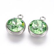 K9 Glass Rhinestone Pendants, August Birthstone Charms, with 304 Stainless Steel Findings, Flat Round, Light Green, 18x14x9mm, Hole: 2.5mm(STAS-F123-26L)