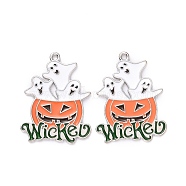 Halloween Alloy Enamel Pendant, Pumpkin Jack-O'-Lantern with Ghost, Platinum, 28.5x22x1mm, Hole: 1.4mm(ENAM-B047-07P)