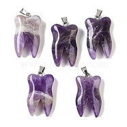 Natural Amethyst Pendants, Tooth Charms with Stainless Steel Color Stainless Steel Findings, 39.5~40x19~19.5x8~8.5mm, Hole: 3.5x6.5mm(G-G115-01I)