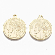 Brass Coin Pendants, Nickel Free, with Words REPUBLIQUE FRANCAISE & Man Face, Real 18K Gold Plated, 26.5x23x1.5mm, Hole: 1.8mm(KK-R132-084-NF)