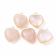 Natural Rose Quartz Pendants, with Golden Plated Brass Findings, Heart Charms, 18~19x15~17x7~10mm, Hole: 2mm(G-C005-01G-15)