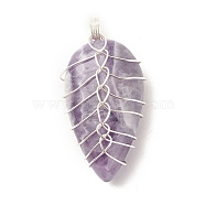 Natural Amethyst Pendants, with Silver Tone Eco-Friendly Copper Wire Wrapped, Teardrop, 32~33x15~17.5x8~9mm, Hole: 3.2~3.4mm(PALLOY-JF01384-04)