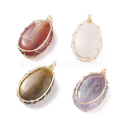 Natural Gemstone Pendants, with Real 18K Gold Plated Copper Wire Wrapped, Oval, 28.5~31x18.5x8mm, Hole: 2mm(PALLOY-JF01418)