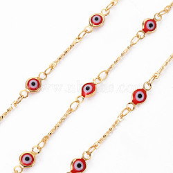 Handmade Brass Chains, with Enamel Acrylic Beads, Soldered, Spool, Evil Eye, Real 18K Gold Plated, Red, 12.5x1.5x1mm and 4x2x0.3mm, about 16.4 Feet(5m)/roll(CHC-S012-033A)