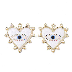 Printed Alloy Pendants, with Enamel and ABS Plastic Imitation Pearl, Heart with Eye, Light Gold, White, 33x33x2.5mm, Hole: 1.8mm(X-ENAM-S016-69E)