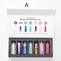 Point Tower Chakra Natural Mixed Stone Healing Stone Wands Set, Reiki Stones Statues for Energy Balancing Meditation Therapy, Hexagonal Prisms, 40~50mm, 7pcs/set(PW-WG19603-03)