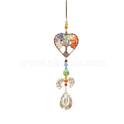 Glass Teardrop Pendant Decoration, Hanging Suncatchers, with Tree of Life Natural Gemstone Chip for Home Garden Decoration, Heart, 288mm(WG11406-03)