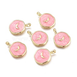 Brass Enamel Pendants, Flat Round with Wing Pattern, Golden, Pink, 18x13.5x2mm, Hole: 3.5x2mm(KK-K248-05G)