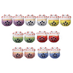 Handmade Porcelain Beads, Famille Rose Porcelain, for DIY Accessories, Fortune Cat, Mixed Color, 13x14x11mm, Hole: 2mm(PORC-WH0006-02)