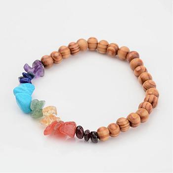 Chakra Wood Beaded Stretch Bracelets, with Natural Gemstone Beads, Colorful, Inner Diameter: 2 inch(5.2cm)