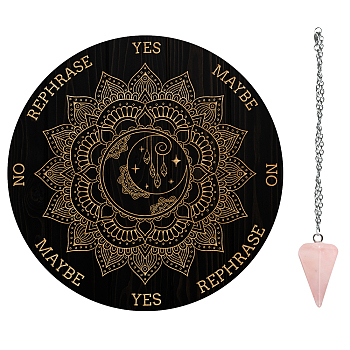 AHADEMAKER 1Pc Cone/Spike/Pendulum Natural Rose Quartz Stone Pendants, 1Pc 304 Stainless Steel Cable Chain Necklaces, 1Pc PVC Custom Pendulum Board, Dowsing Divination Board, Flower Pattern, Board: 200x4mm