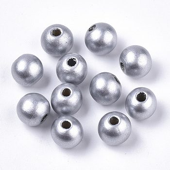 Spray Painted Natural Wood Beads, Round, Silver, 12x11mm, Hole: 3.5mm