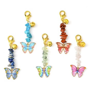 Alloy Enamel Butterfly Pendant Decorations, Natural & Synthetic Mixed Stone Chip Beads and Lobster Claw Clasps Charms, Golden, 64mm, 5pcs/set