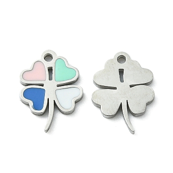 304 Stainless Steel Manual Polishing Charms, with Enamel, Clover Charm, Stainless Steel Color, 12x9x1mm, Hole: 1.2mm