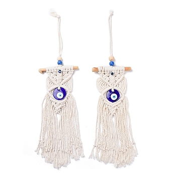Cotton and Linen Cord Macrame Woven Tassel Wall Hanging, Glass Evil Eye Hanging Ornament with Wood Sticks, for Home Decoration, Antique White, 300x120mm