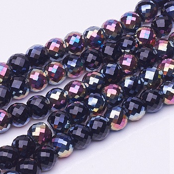 Electroplate Transparent Glass Beads Strands, Half Plated, Faceted, Drum, Multi-color Plated, 8x6mm, Hole: 1mm, about 40pcs/strand, 9.4 inch