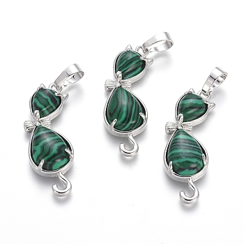 Synthetic Malachite Kitten Pendants, with Platinum Tone Brass Findings, Cat with Bowknot Shape, 35.5x12x6mm, Hole: 5x7mm