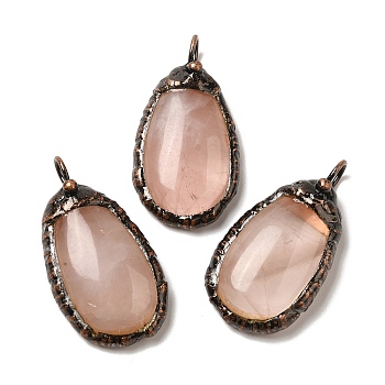 Natural Rose Quartz Pendants, Red Copper Tone Brass Teardrop Charms, 38x20.5x7.5~8mm, Hole: 5mm