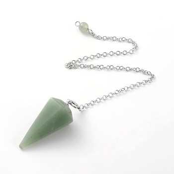 Platinum Tone Brass Green Aventurine Cone Hexagonal Pointed Dowsing Pendulums, with Lobster Claw Clasps, 230x3mm