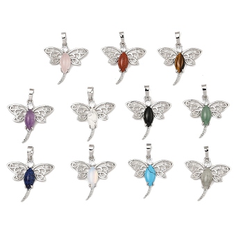 Rack Plating Brass Pendants, with Natural & Synthetic Mixed Gemstone, Dragonfly Charms, Platinum, Mixed Dyed and Undyed, 30x30.5x6mm, Hole: 8x5mm
