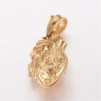 304 Stainless Steel Locket Pendants, Cage Pendants, with Magnetic, Heart, Golden, 35x23x16mm, Hole: 7.5x13mm, inner diameter: 14.5x24.5mm