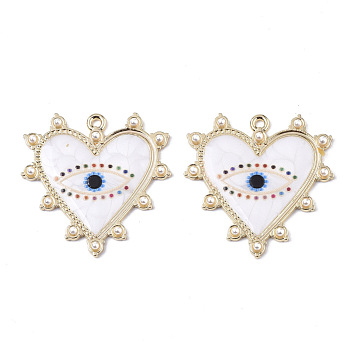 Printed Alloy Pendants, with Enamel and ABS Plastic Imitation Pearl, Heart with Eye, Light Gold, White, 33x33x2.5mm, Hole: 1.8mm