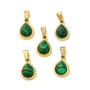 Synthetic Malachite Faceted Teardrop Charms, with Golden Tone 304 Stainless Steel Snap on Bails, 14x9.5x4mm, Hole: 6x3mm