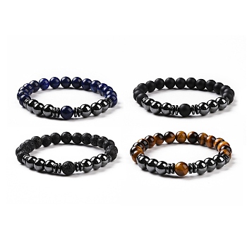 4Pcs Synthetic Hematite & Natural Black Agate(Dyed) & Lava Rock & Tiger Eye Beads Stretch Bracelets Set for Women Men, Inner Diameter: 2-1/8 inch(5.3cm)