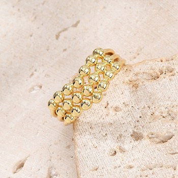 Rack Plating Brass Round Beaded Cuff Rings for Women, Long-Lasting Plated, Cadmium Free & Lead Free, Real 18K Gold Plated, 9.5mm, Inner Diameter: Adjustable