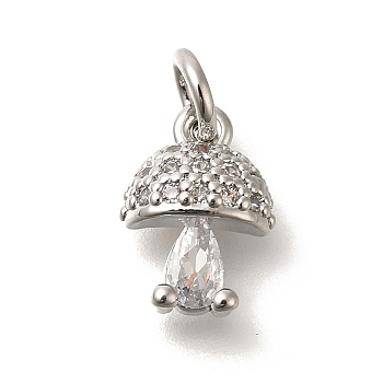 Brass Micro Pave Cubic Zirconia Charms, with Glass and Jump Ring, Mushroom, Platinum, 11.5x8x3.5mm, Hole: 3.5mm