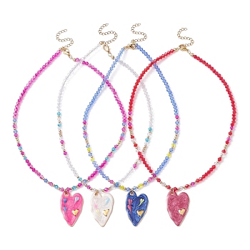 304 Stainless Steel Enamel Heart Pendant Necklace with Glass Beaded Chains, Mixed Color, 16.77 inch(42.6cm)