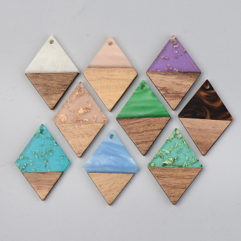 Resin & Walnut Wood Pendants, Rhombus, Mixed Color, 34x24x3mm, Hole: 2mm